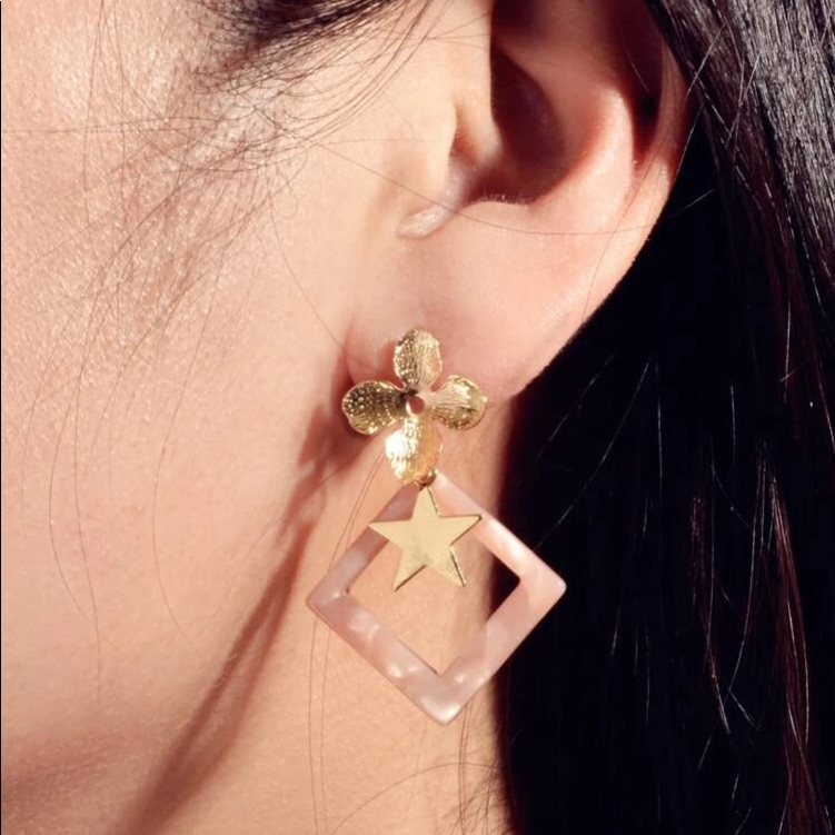 Lovely Geometric Star Floral Flower Pastel Large Square Studs 35$